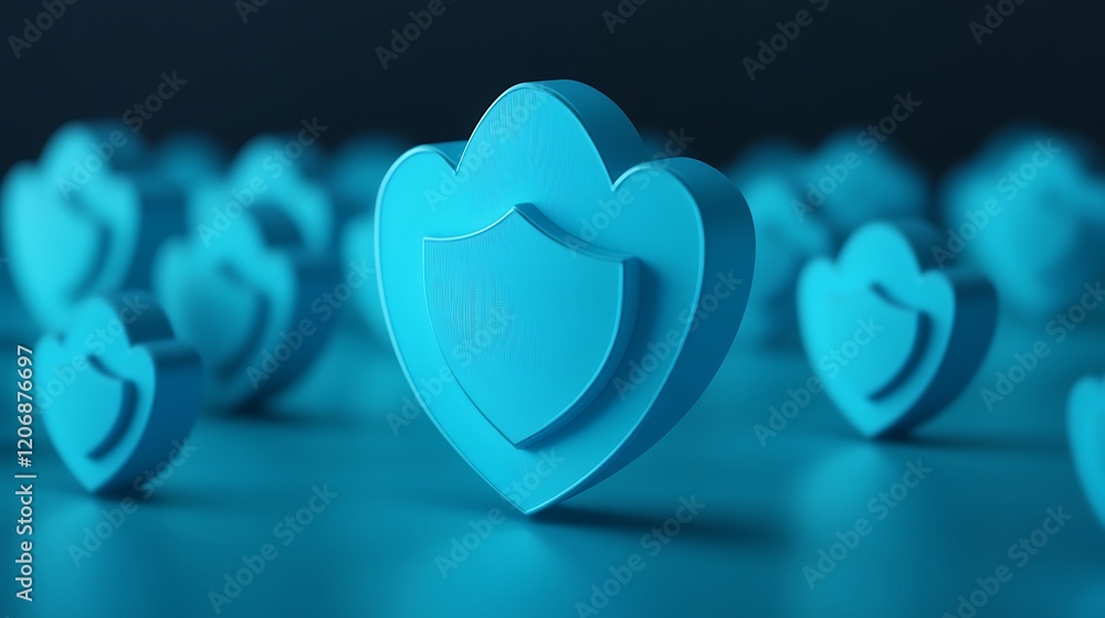 Poster digital blue heart shields representing cyber security and protection in a modern abstract backgroun