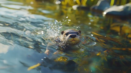 Fototapeta premium Otter Swimming in Clear Water