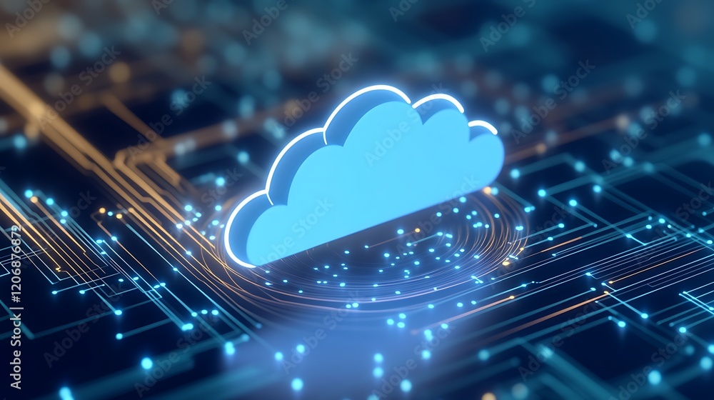Poster digital cloud computing concept with abstract circuit board and glowing connections in blue and gold