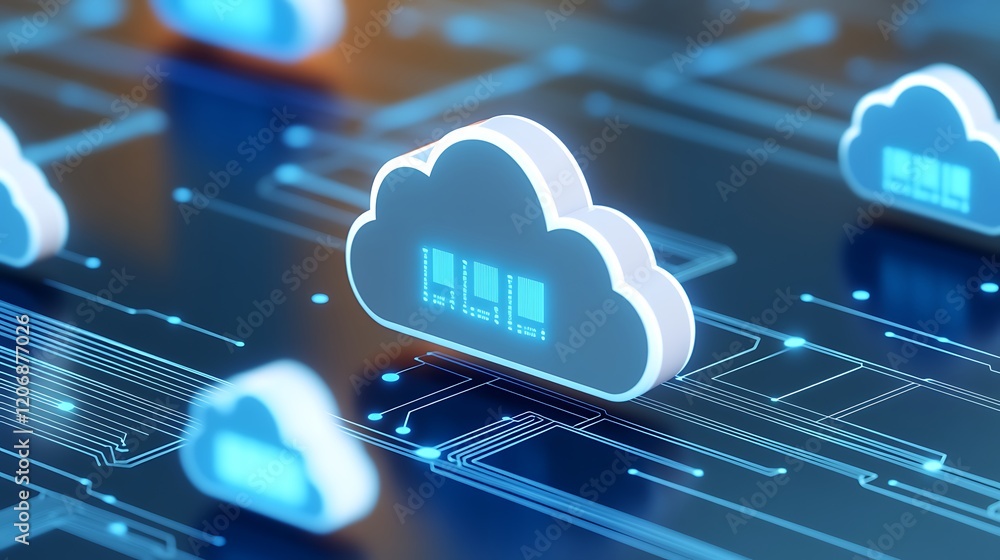 Poster digital cloud computing concept with blue circuits and floating cloud icons in futuristic technology