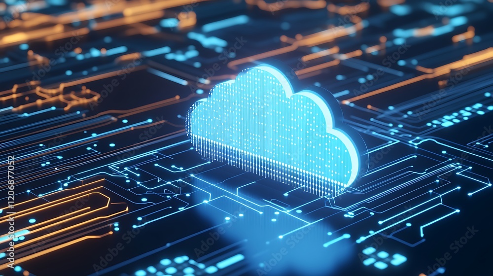 Poster digital cloud computing concept with circuit board and blue glow in futuristic technology background