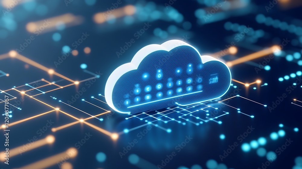 Poster digital cloud computing concept with blue neon lights and data flow visualization in high-tech envir