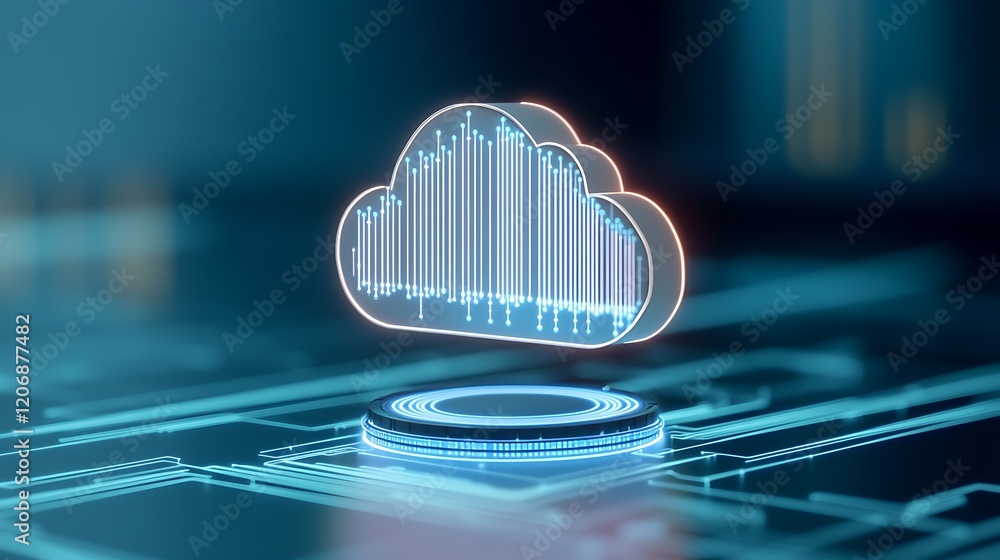 Poster digital cloud computing concept with data visualization and technology elements in futuristic enviro