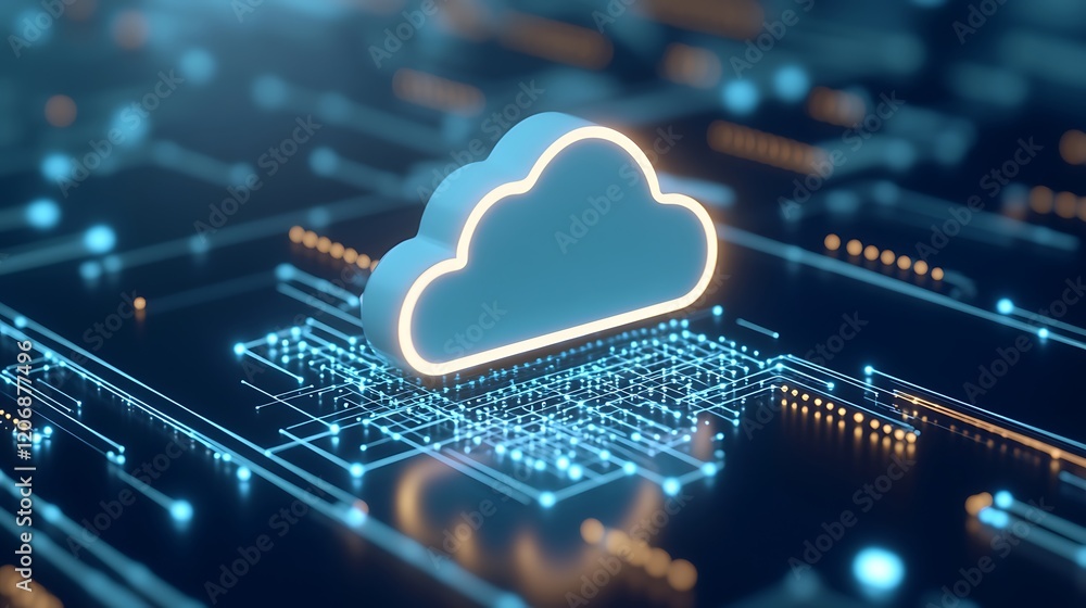 Poster digital cloud computing concept with futuristic circuit board connections and neon light effects