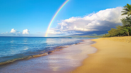Vibrant Rainbow Over Serene Beach With Tranquil Ocean Waters and Clear Blue Sky