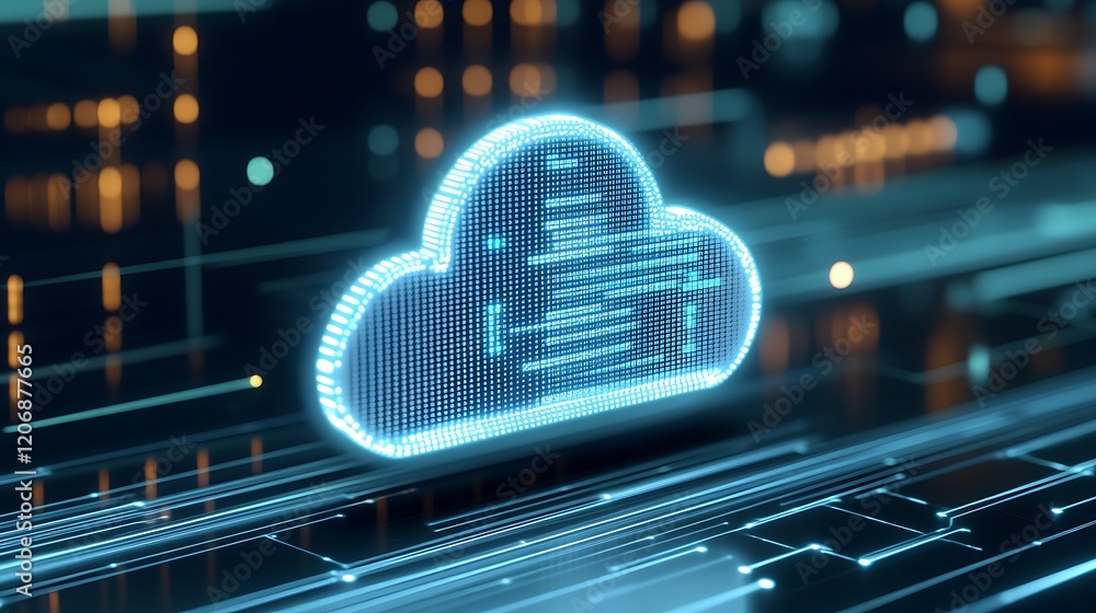 Poster digital cloud computing concept with neon light effect and data flow background