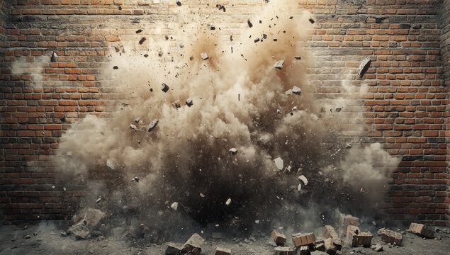 Brick wall explosion with dust and debris.