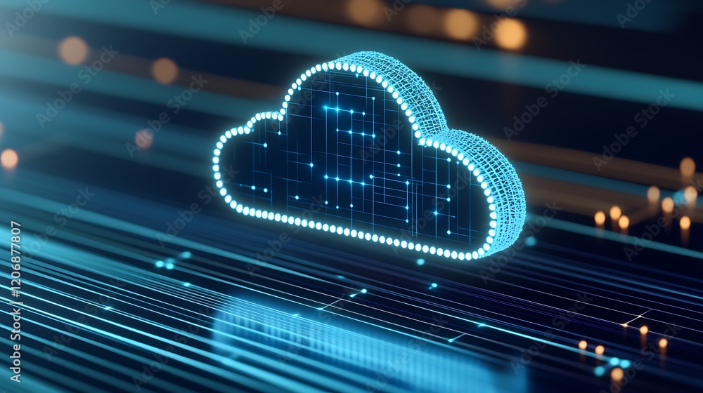 Poster digital cloud computing concept with neon lights and data transmission in futuristic style