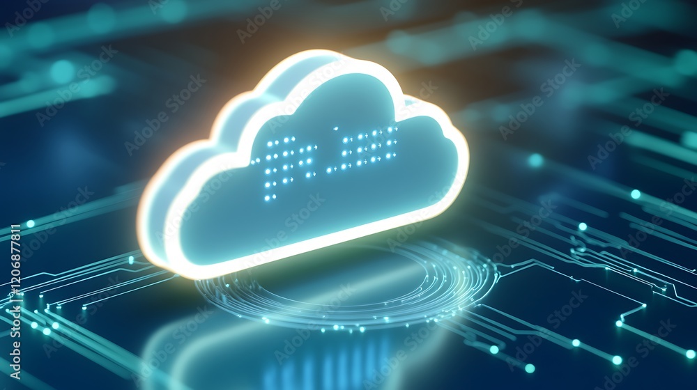 Poster digital cloud computing concept with neon lights, circuit board, and data visualization elements
