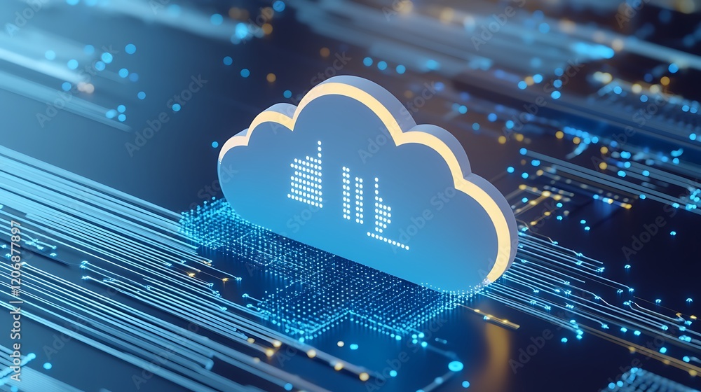 Poster digital cloud computing graphic with data overlay and futuristic design elements in blue and purple