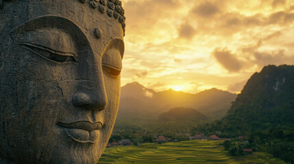 Wide Angle Shot of an Ancient Buddha Statue Carved in Serene Landscape at Sunset