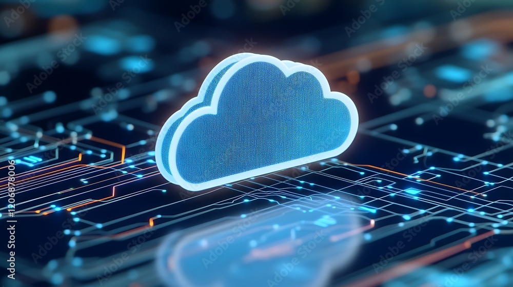 Poster digital cloud computing icon over futuristic circuit board background representing technology and in