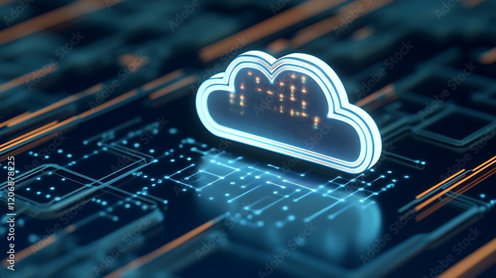 Poster digital cloud computing technology concept with connected data circuits and blue neon design element