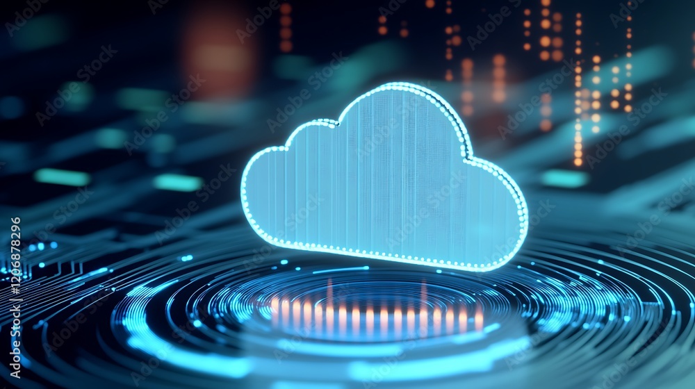 Poster digital cloud computing with futuristic technology elements and data visualization background