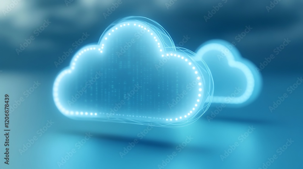 Poster digital cloud concept with bright circuits and soft blue background representing cloud computing tec
