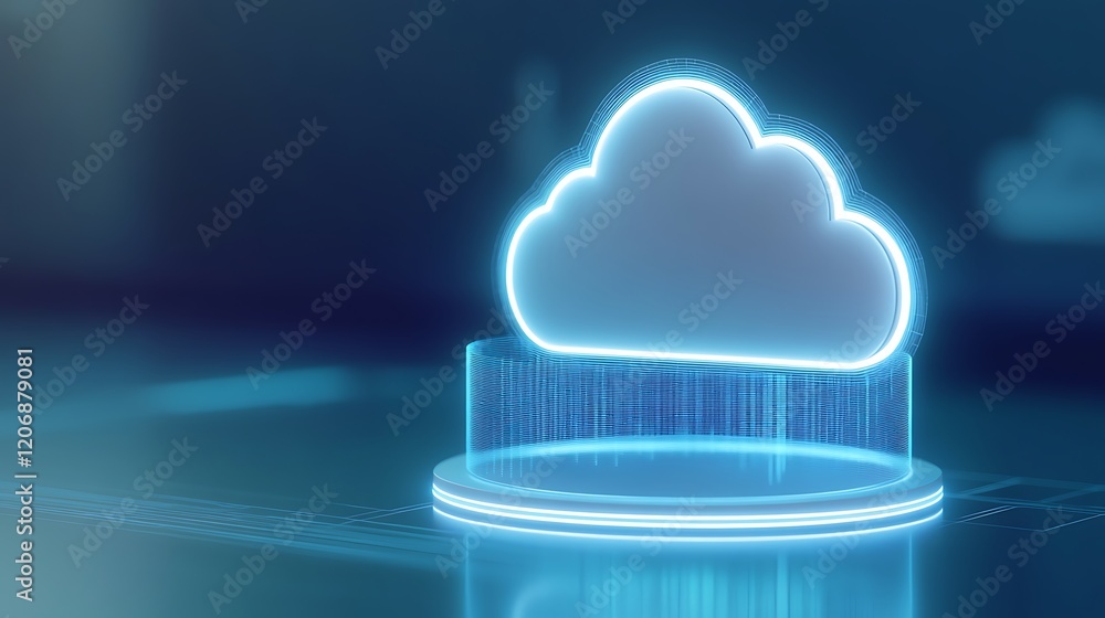 Poster digital cloud icon in neon blue glow with data symbols representing cloud computing technology and i