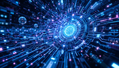 A vivid digital abstraction of interconnected circuits radiating from a central glowing point, depicting a futuristic concept of technology and data exchange in vibrant blue and purple hues.