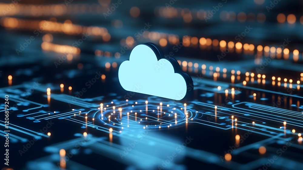 Poster digital cloud icon on abstract circuit board with bright lights representing technology and data sol