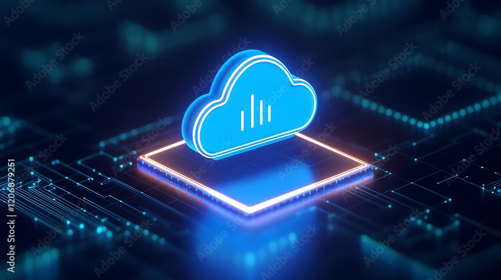 Poster digital cloud icon on circuit board background representing data storage and technology innovation