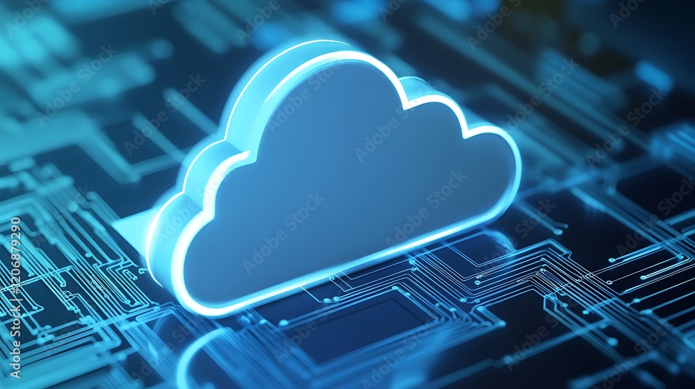 Poster digital cloud icon on circuit board background representing modern technology and data storage solut