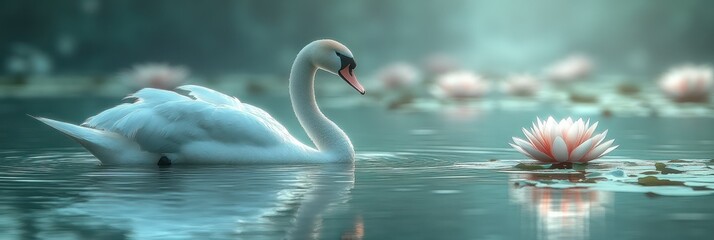 Fototapeta premium Serene Swan in Lotus Pond: A Tranquil Water Scene