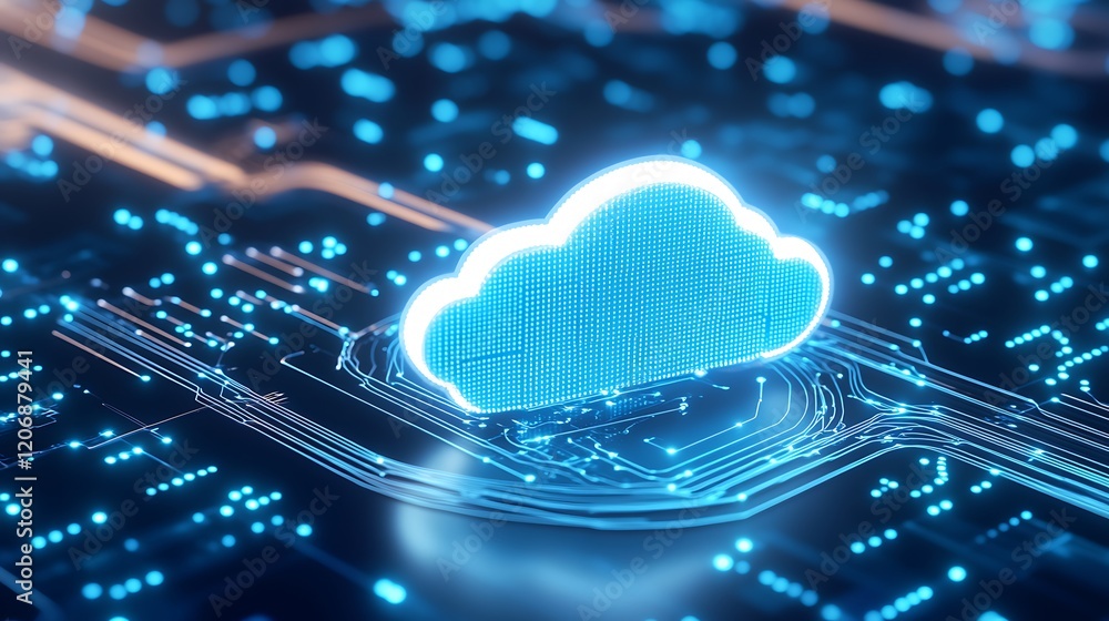 Poster digital cloud icon on circuit board design representing modern technology and data storage innovatio
