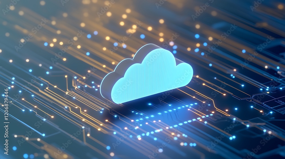 Poster digital cloud icon on circuit board with glowing lines and lights for technology and innovation conc