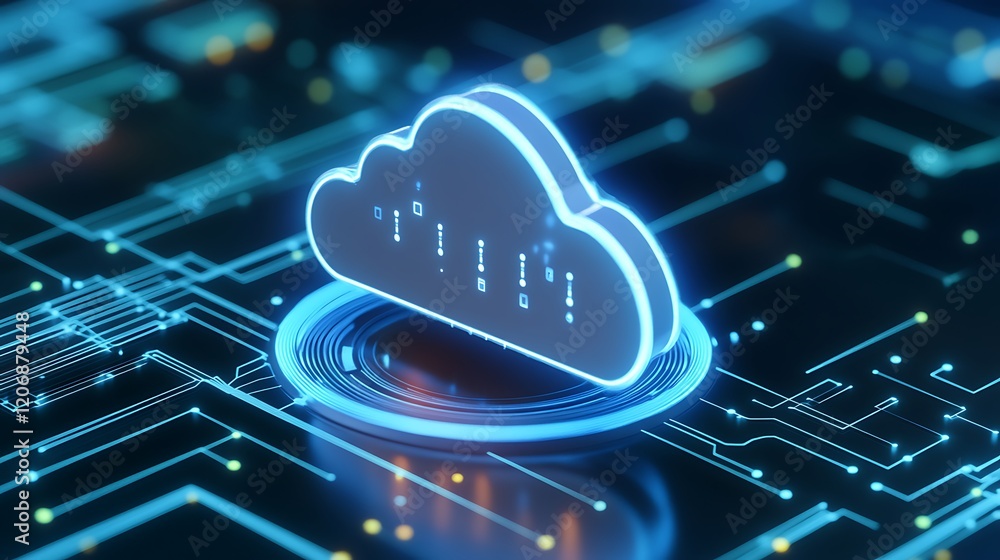 Poster digital cloud icon on circuit board with glowing elements representing data storage and technology b