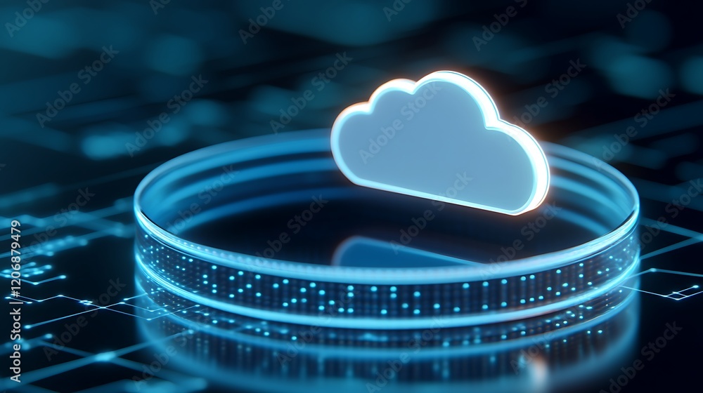 Poster digital cloud icon on futuristic background with data circuits and light effects