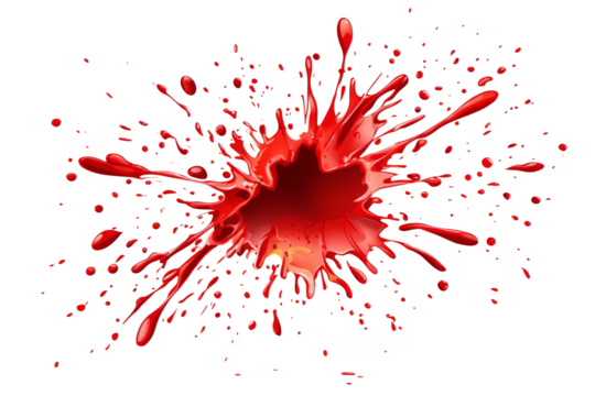 Blood splatter in the shape of an explosion, with droplets extending outward, isolated on a white background