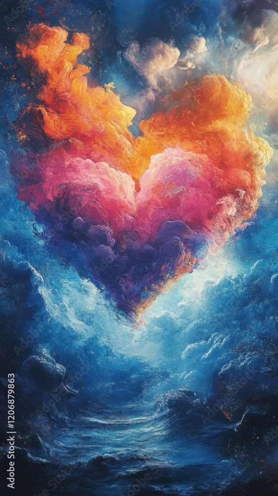 Poster vibrant clouds merge to form a heart shape over a tranquil sea at sunset, creating an enchanting sce