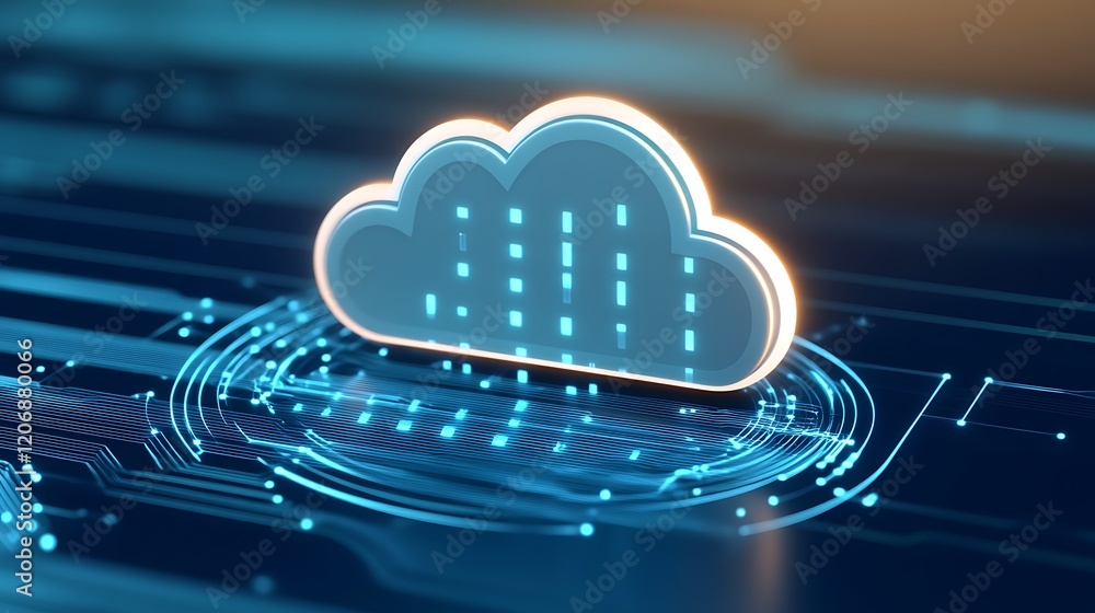 Poster digital cloud icon surrounded by circuit board design with blue neon glow for technology and data co