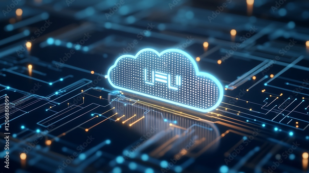 Poster digital cloud icon surrounded by data connections in a futuristic tech environment with blue lights