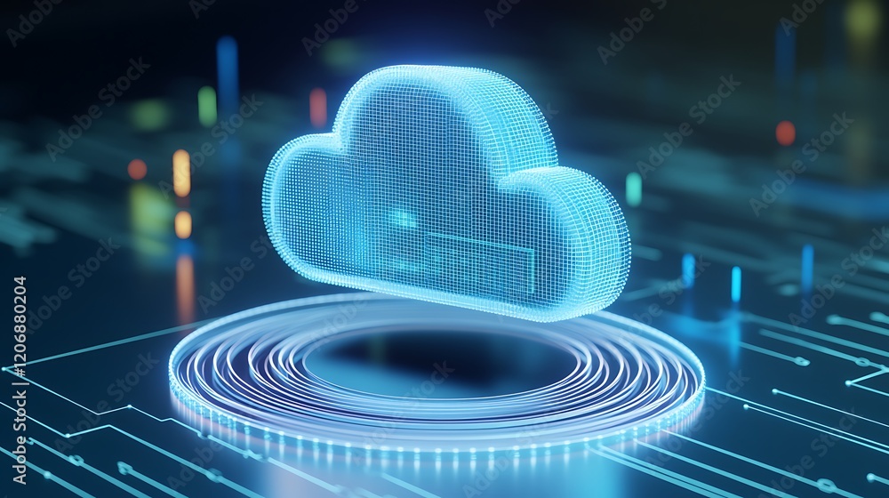 Poster digital cloud icon surrounded by futuristic technology in a modern data environment