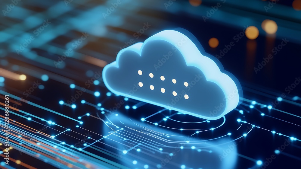 Poster digital cloud icon surrounded by glowing connections representing data storage and technology networ