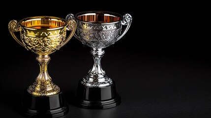 Gold and silver trophies on a dark background.