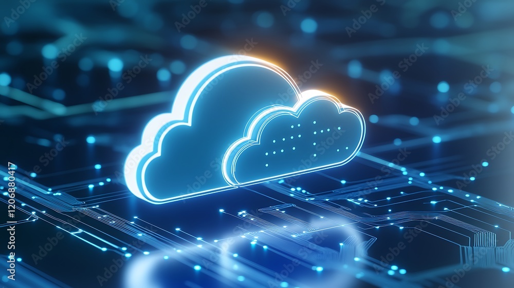 Poster digital cloud icon with blue and orange glow on circuit board background in abstract technology visu