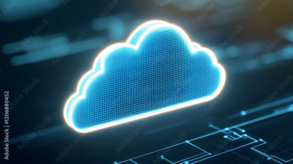 Poster digital cloud icon with bright glow on futuristic background representing data storage and technolog