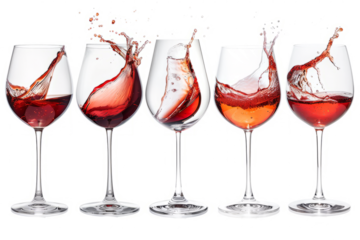 A set of elegant wine glasses toasting, showcasing a deep red wine with a delicate wine splash effect.