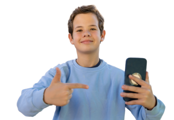 Smiling cute boy with smartphone standing over transparent background. PNG transparent.