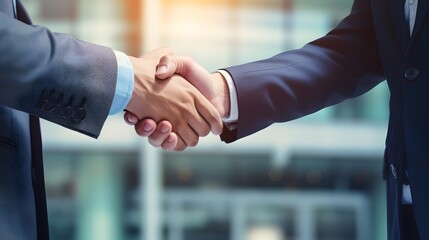 Business professionals engage in a firm handshake to seal a successful deal in a modern office space during the afternoon
