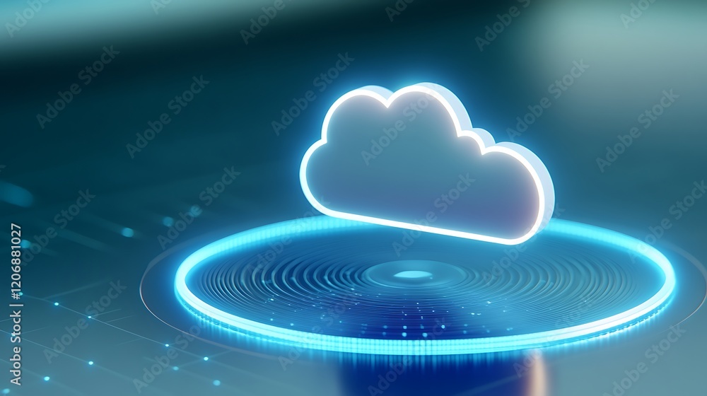 Poster digital cloud icon with glowing edges over abstract technology background for cloud computing concep