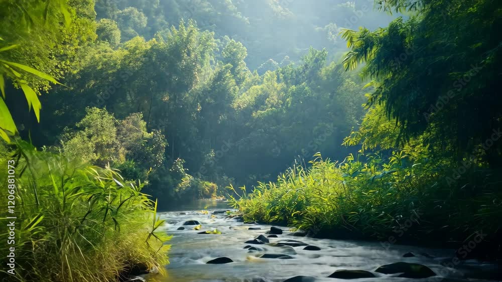 Poster enjoying tranquility in a bamboo forest by the river with gentle light filtering through the trees, 