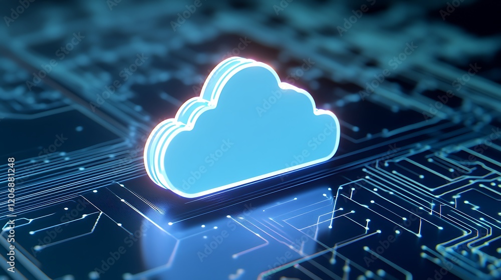 Aufkleber digital cloud icon with neon blue effect over circuit board background for technology and innovation