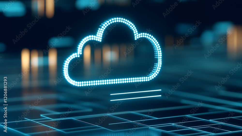 Poster digital cloud icon with neon effect displayed on futuristic technology background in blue and black 