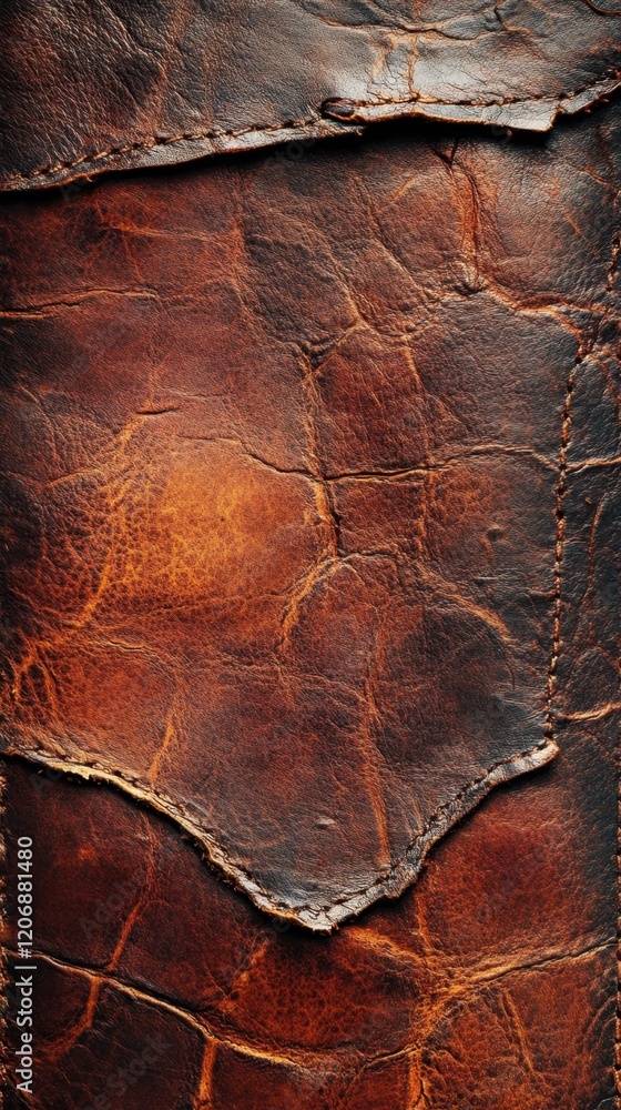 Poster richly textured aged leather showcasing its unique patterns and warm tones in a rustic setting
