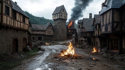 A medieval village with burning structures, smoke rising, and a gloomy atmosphere, depicting destruction and chaos.