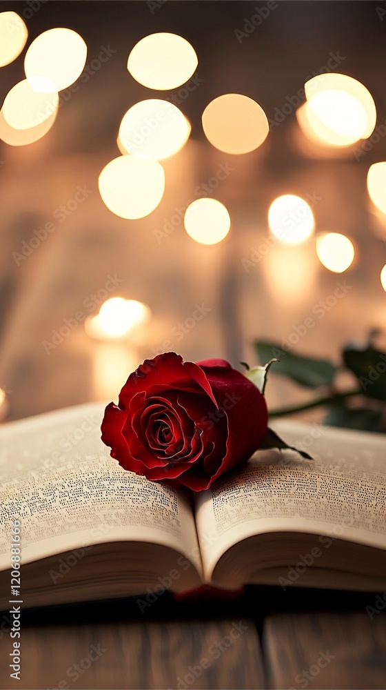 Poster a single red rose resting on an open book with warm candlelight in the background symbolizing love a