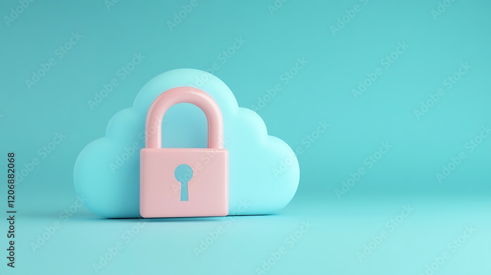 Poster digital cloud security concept with pink lock on turquoise background for data protection and privac