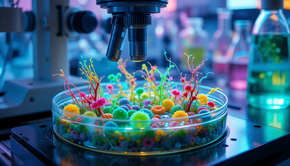 Microscopic View of Flourishing Microorganisms in Colorful Laboratory Experiment.